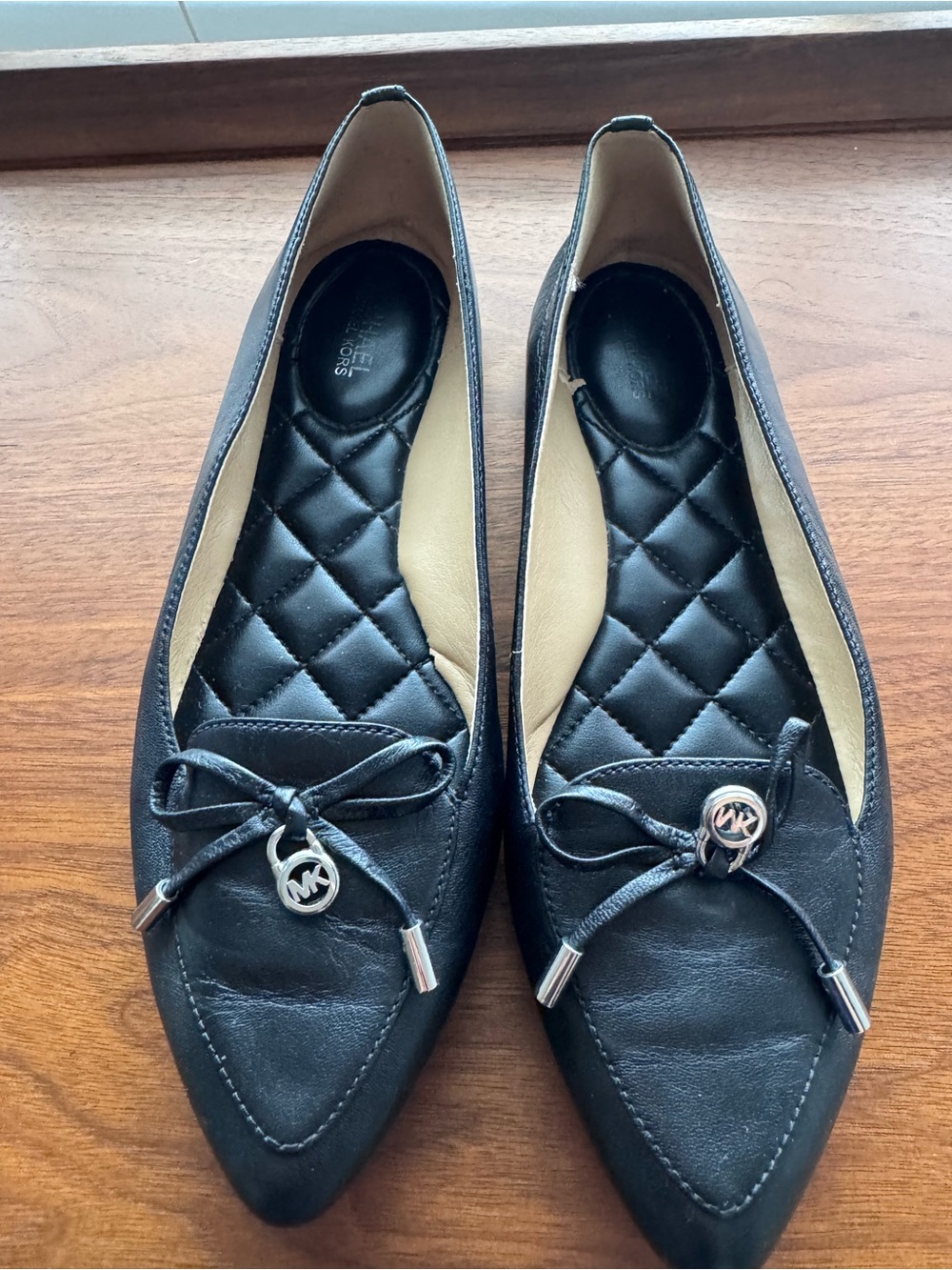 Michael Kors Black Quilted Insole Pointed-Toe Flats with Bow & MK Charm